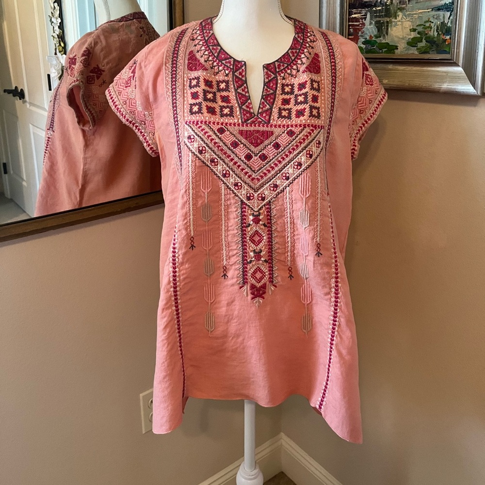 Beautiful peachy pink  linen with heavy embroidery top by Johnny Was.
